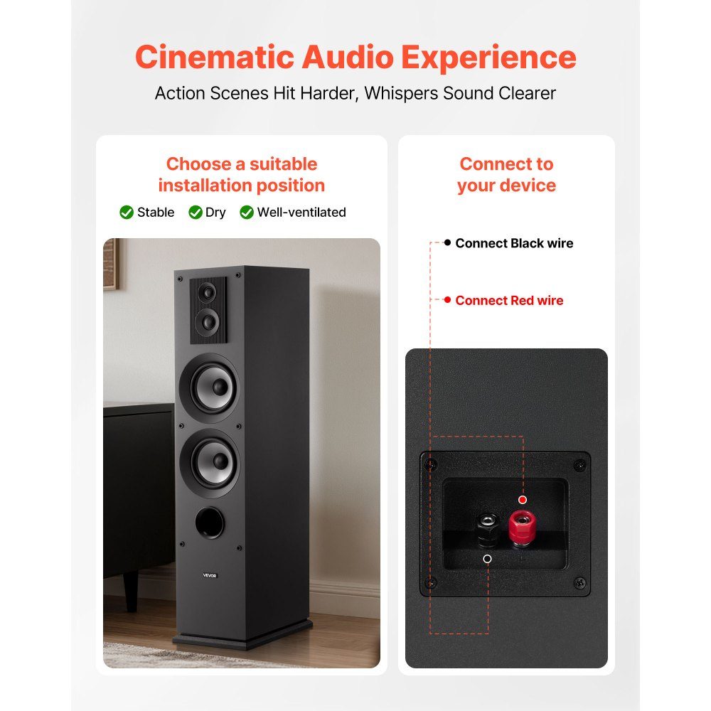 Passives Standlautsprecherpaar, 3-Wege-System mit 3/4"- und 1"-Hochtöner, zwei 5,25"-Tieftöner, 145 W Spitzenleistung, 70 Hz-20 kHz Frequenzgang, MDF-Gehäuse, für Home-Audio