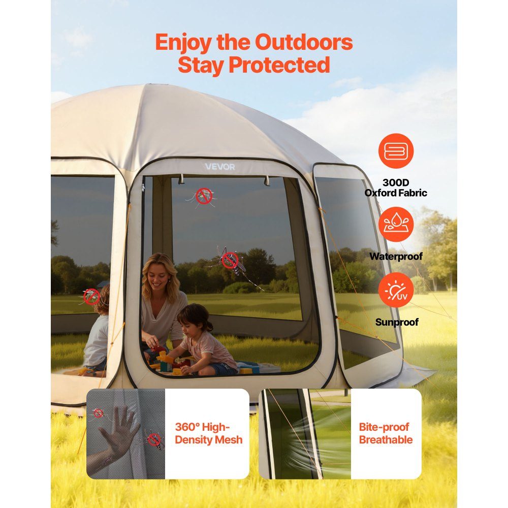 Kampeertent, 457,2x420,6x245 cm, partytent voor 12-15 personen, pop-up tent, inclusief draagtas, mesh zijwanden en haringen, voor tuin, terras en buitenactiviteiten, beige