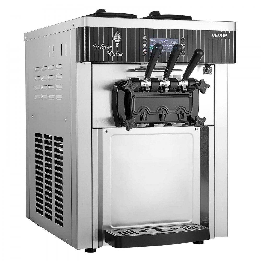Commercial ice cream machine 20-28 L/h output, soft ice cream machine 2200 W with 2 x containers (6 L), pre-cooling, self-cleaning and LED display, table device for snack bars, dessert shops and cafes, silver