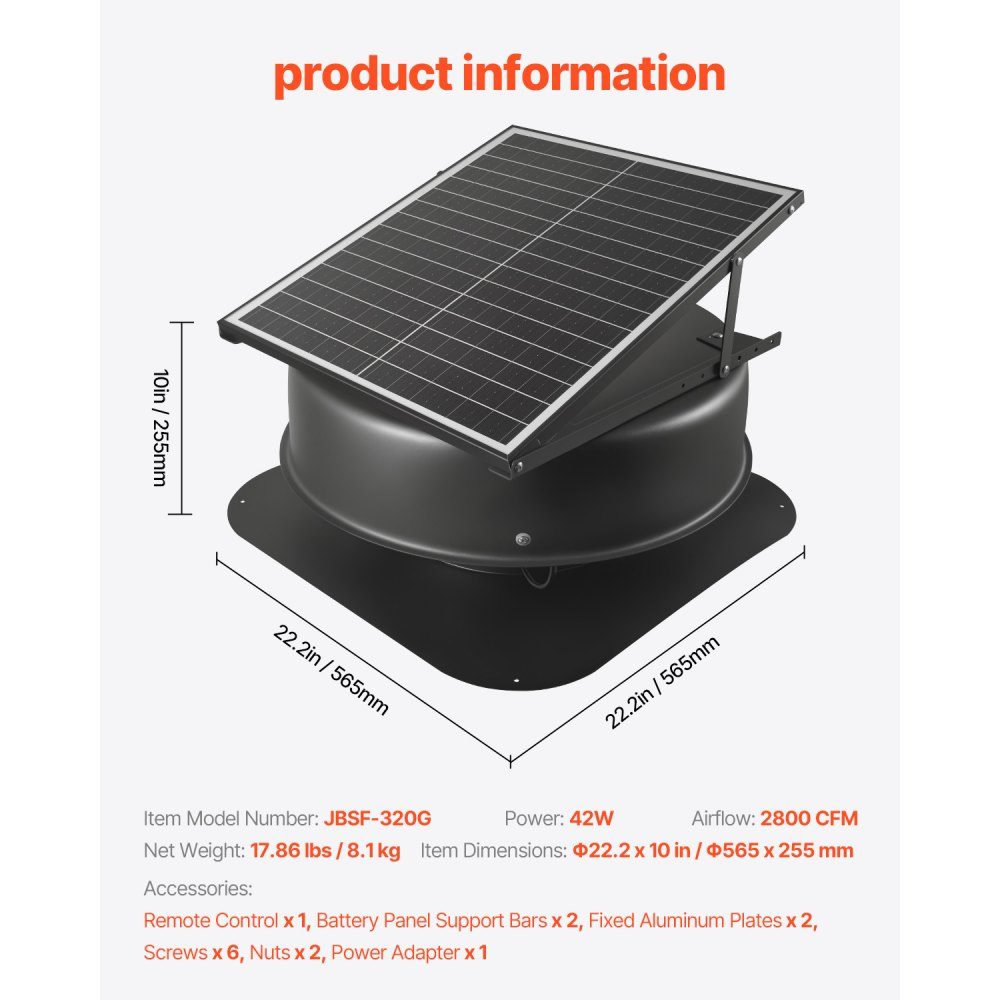 Ventilateur de toit à énergie solaire, ventilateur de toit solaire intelligent 42 W avec thermostat, télécommande, débit d'air 79287L/min, moteur CC sans balais intégré pour le refroidissement – Réf. HT-23050