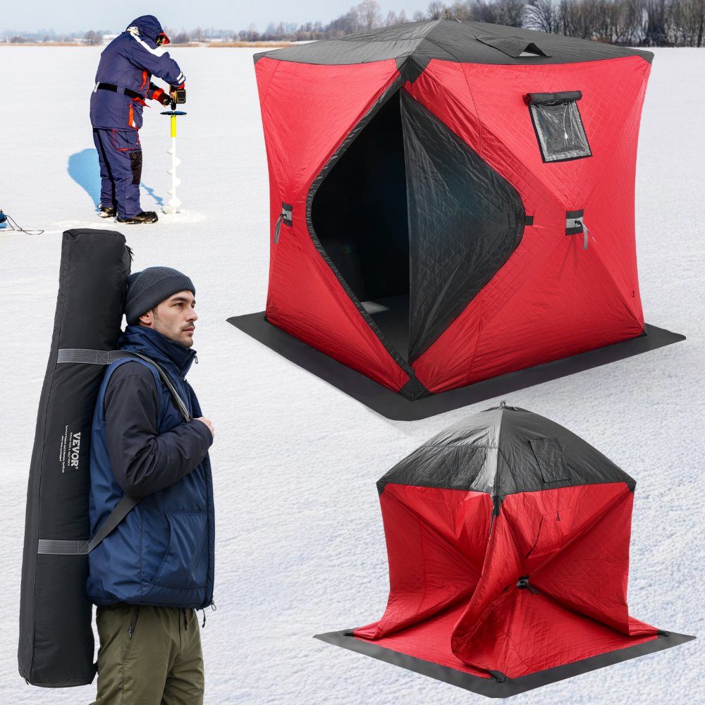 Portable Ice Fishing Tent, Pop Up Ice Fishing Tent for 3-4 People, Fishing Tent, Fishing Umbrella, Thermal Ice Hut for Winter Fishing, Tent with Anchors, Ropes, Carry Bag, 1.8x1.8x2m, Red