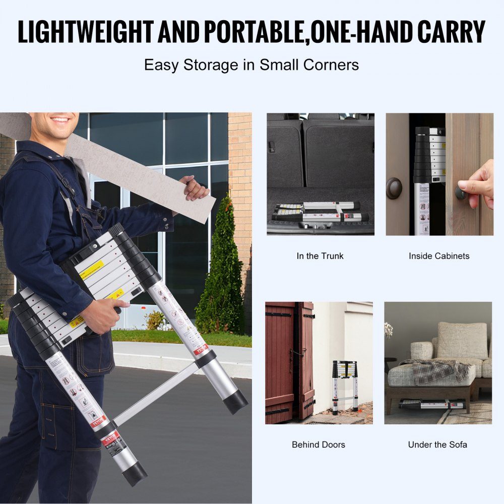 Telescopic Ladder, 2.6m Aluminum Extension Ladder, Folding Ladder with One Button Retraction, 160kg Load Capacity with Non-Slip Feet, Portable Compact Ladder for Home, RV, Attic