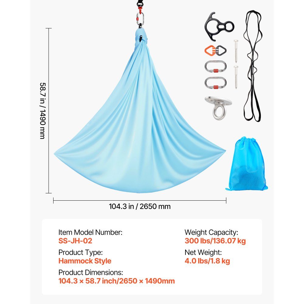 Aerial Yoga Hammock, Maximum Load 300lbs, Yoga Swing with Nylon Fabric, Daisy Rope and PE Zipper Bag, Gymnastics Swings, Dual Function, Anti-Gravity Exercises, Blue