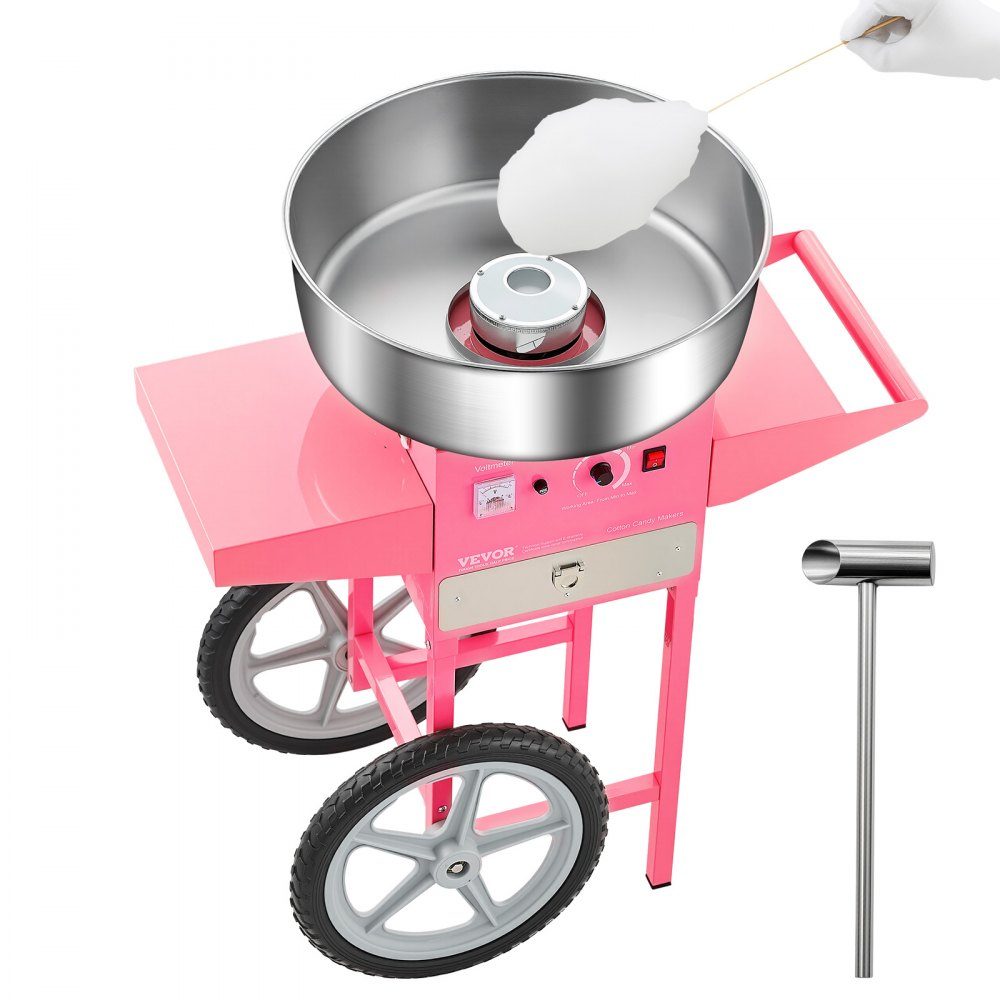 Machine à barbe à papa électrique, machine à barbe à papa commerciale avec chariot (1000 W), avec bol en acier inoxydable de 52 cm, cuillère à sucre et tiroir, parfaite pour les anniversaires d'enfants, les réunions de famille, rose