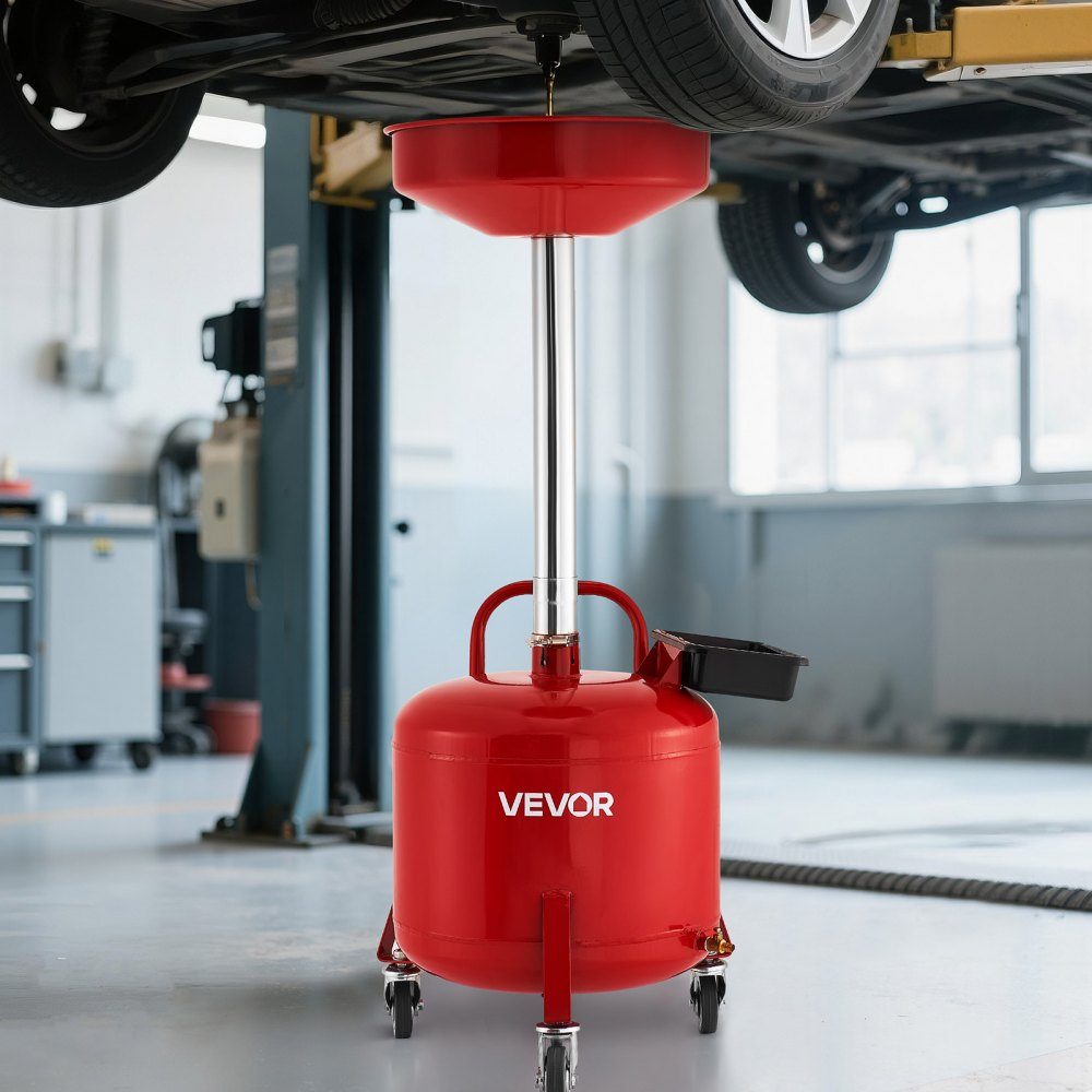 Oil Catch Trolley 30L, Oil Catch Trolley with Adjustable Funnel Height, Oil Catch Container with Wheels and Tool Box, Liquid Fuel Drain for Auto Workshop, Red