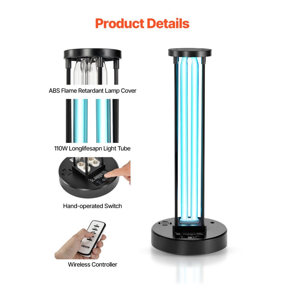 UV-licht 1 stuk 36W UV-lamp met ozonreiniger UVO-lamp met 30/60/120 minuten 3 snelheden timer en afstandsbediening voor woonkamer slaapkamer hotelschool zwart