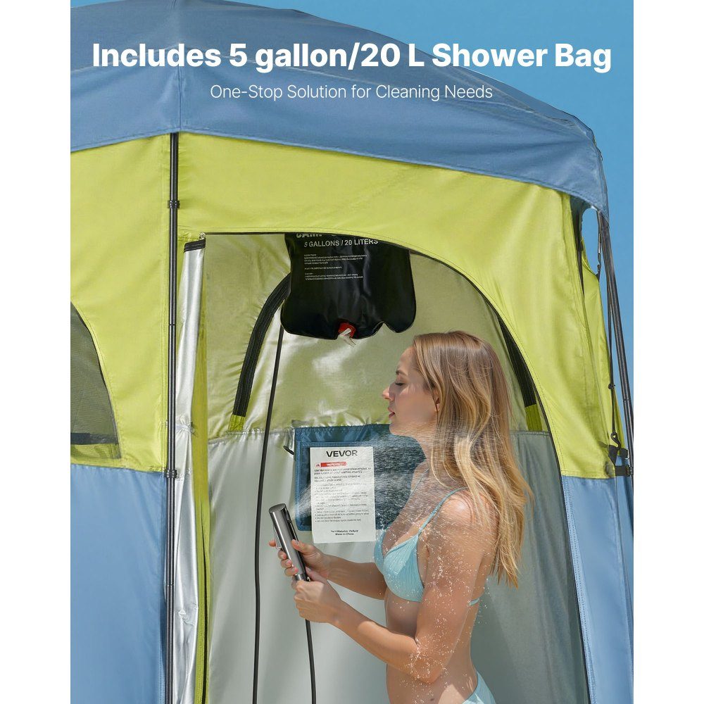 Shower tent with 2 rooms, toilet tent (2133x1067x2133 mm) with shower bag, changing tent including pegs & ropes & carry bag & support poles, made of 150D Oxford fabric for camping, beach, fishing