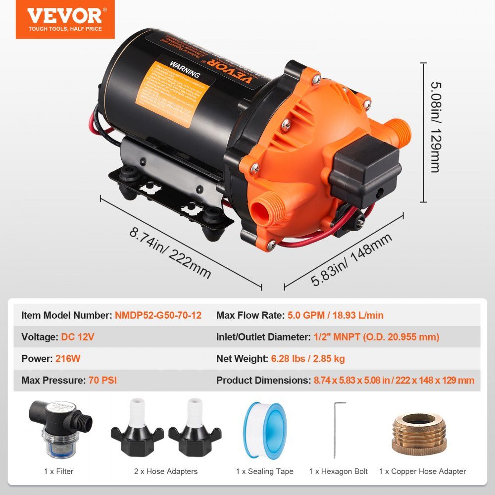 12-V-Membranpumpe, 18,93 l/min, 5-Kammer-Gleichstrom-Wasserpumpe mit automatischem Druckschalter, 40–100 PSI, verstellbar, 70 PSI, 1/2 Zoll MNPT-Anschluss für Wohnmobil, Yacht, Food Truck, Camper, Marine