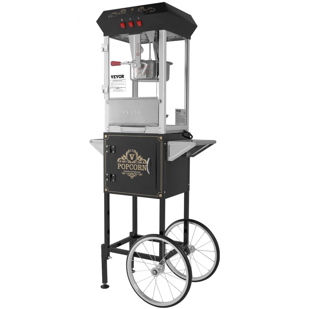 Popcornmaker, Popcornmaker met kar, 850W Popcornmaker, 8oz Ketel voor 48 kopjes per lading, Popcornmaker van gehard glas met 4 bolletjes Cinema Style Restaurant, Zwart