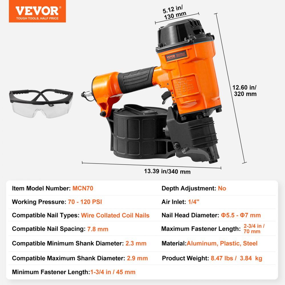 Rolspijkermachine MCN70, 1-3/4" tot 2-3/4" 15 graden pneumatische trimspijkermachine, 70-120PSI luchtspiraalspijkermachine voor pallets, dozen, frames, panelen en omheiningen