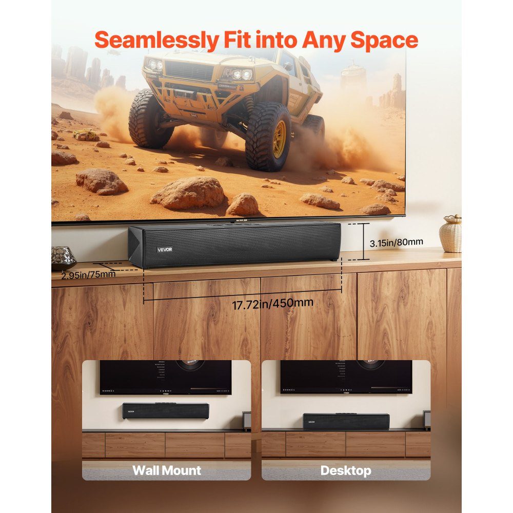 Soundbar für Smart TV, 2.0-Kanal, 450-mm-Kompakt-TV-Lautsprecher für Projektor, Bluetooth-AUX-Anschluss, Fernbedienung, 80-W-Surround-Sound-System für PC-Heimkino-Audio
