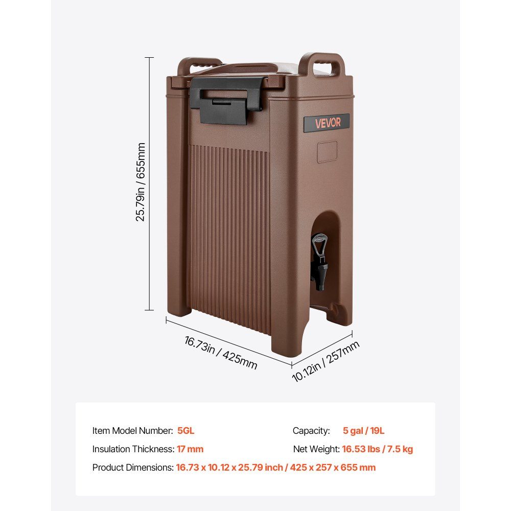 Distributeur de boissons isotherme 19 L, distributeur de boissons chaudes et froides avec robinet et poignée, distributeur de boissons thermiques de qualité alimentaire, refroidisseur pour thé, café, eau dans les cafés et restaurants, marron