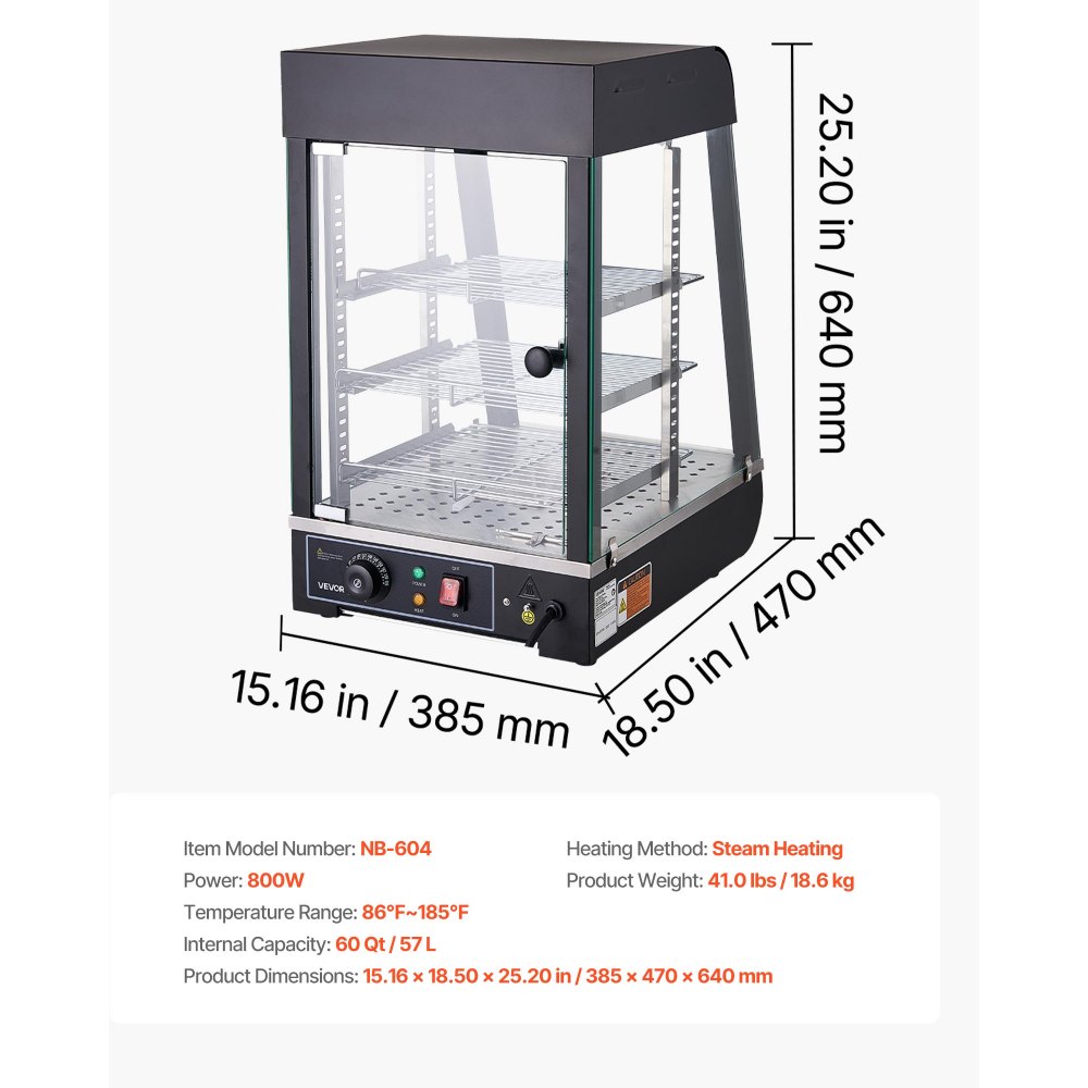 Comptoir chauffant à 3 niveaux 57 L, vitrine chauffante 800 W, comptoir chauffant 30-85 °C, chauffe-plats avec éclairage LED et étagères réglables, vitrine alimentaire pour hamburger pizza pain poulet frit