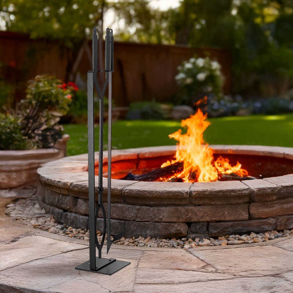 Kaminbesteck-Set, 3-teiliges Ofenbesteck-Set inklusive Ständer, Zange, Schürhaken, Kamin-Set, schmiedeeisernes Kaminzubehör für Lagerfeuer im Garten, drinnen und draußen, Schwarz