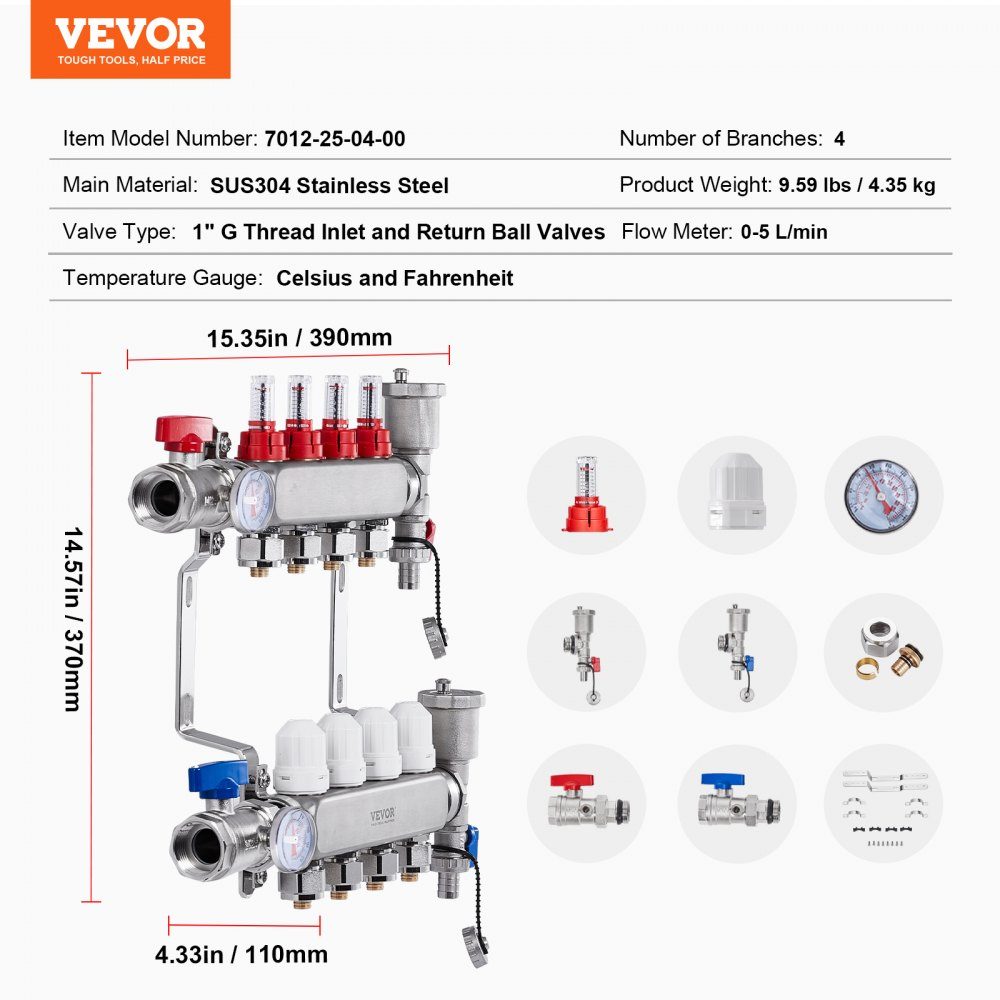 4 Branch Heat Spreader, 1/2" PEX Pipe Manifold, Stainless Steel PEX Manifold for Hydronic Underfloor Heating, Heat Distribution PEX Manifold Kit with 1/2" Adapters Included