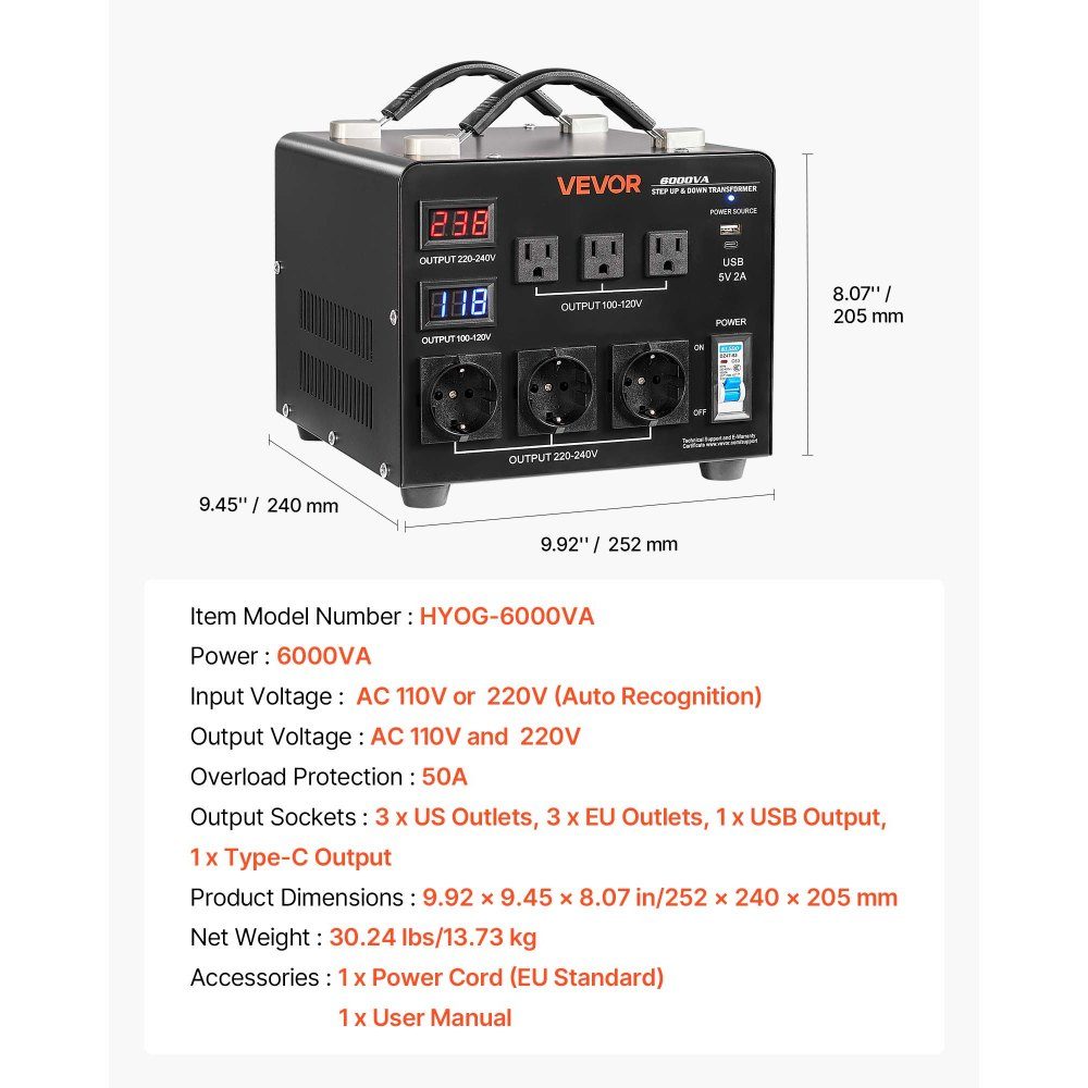 Spannungswandler-Transformator, 6000 VA, Aufwärts-/Abwärtstransformator, 110 V auf 220 V und 220 V auf 110 V, mit 3 US-Buchsen, 3 EU-Buchsen, LCD-Display, Leistungsschalter