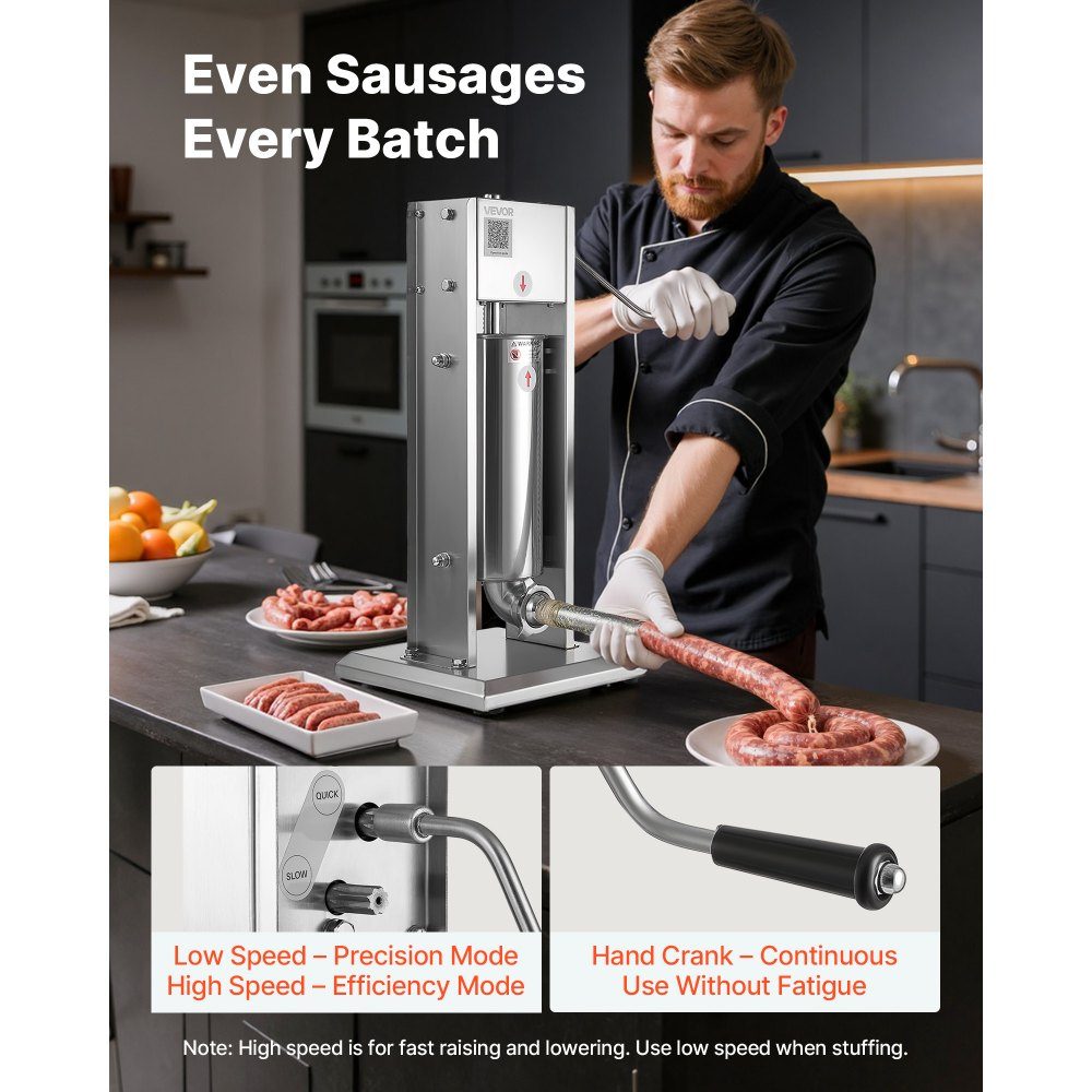 Manueller Wurstfüller 5L Vertikale Wurstfüllmaschine Fleischfüller mit 2 Geschwindigkeiten (schnell/langsam), Hochleistungs-Edelstahlfüller mit 5 Wurstfüllrohren, Fleischfüllung