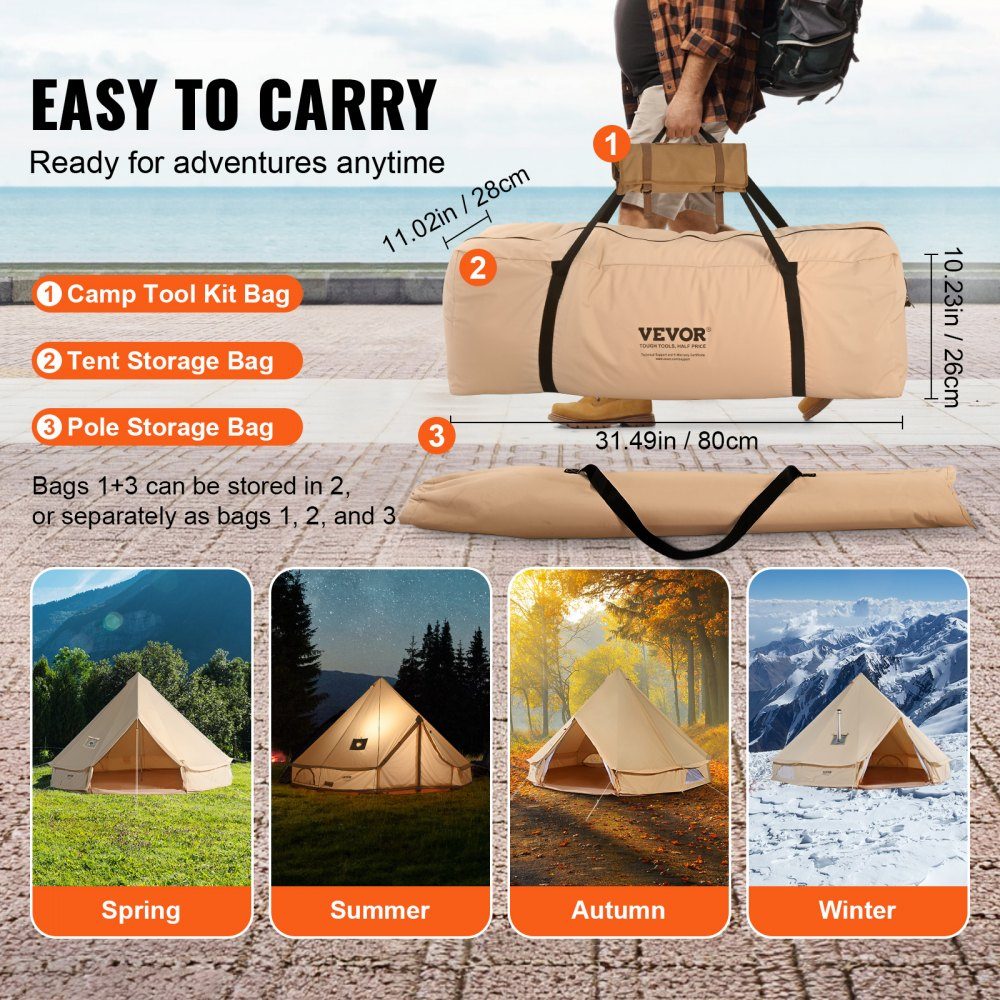 Canvas Bell Tent 3m 4 Seizoenen Canvas Tent voor kamperen met kachelaansluiting