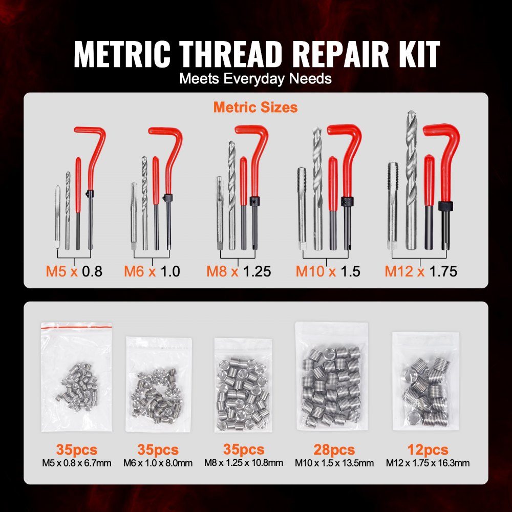Thread Repair Kit, 166 Piece Metric Helicoil Repair Kit, M5 M6 M8 M10 M12 Re-Tapping Tool Kit with HSS Drill Bits, Thread Inserts, Tap Snap-Off Installation Tools