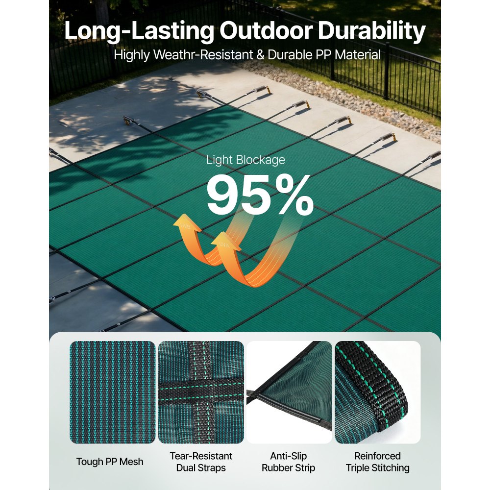 Pool tarpaulin, suitable for rectangular, in-ground pools (4.9 x 9.8 m), safety cover with drainage holes, opaque mesh cover for swimming pools, winter tarpaulin, green