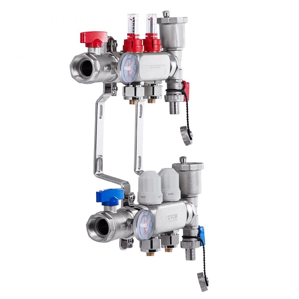 Wärmeverteiler mit 2 Zweigen, 1/2-Zoll-PEX-Rohrverteiler, PEX-Verteiler aus Edelstahl für hydronische Fußbodenheizung, Wärmeverteilungs-PEX-Verteiler-Kit mit 1/2-Zoll-Adaptern im Lieferumfang enthalten