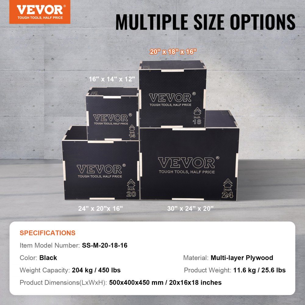 3 in 1 Plyometrische Jump Box 20/18/16 Inch Plyo Box, Jump Box Jump Box 204 kg draagvermogen, fitnessoefening Step Up Box voor thuistraining, sprongkrachttraining, zwart, in hoogte verstelbaar