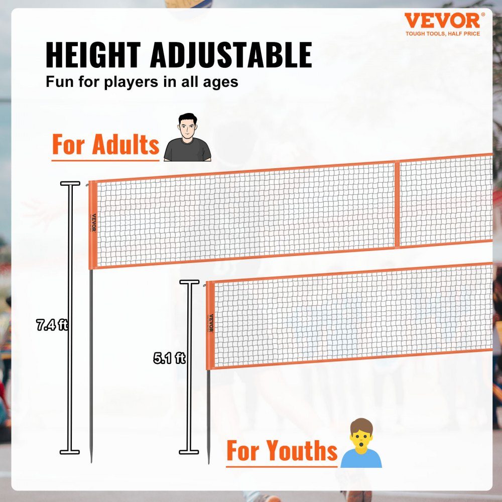 Volleyball Net Height Adjustable Volleyball Net Set, 4.3x2.2m Portable Beach Volleyball Net, Orange Volleyball Net, Foldable Volleyball Net with Volleyball & Carry Bag, for Garden, Beach