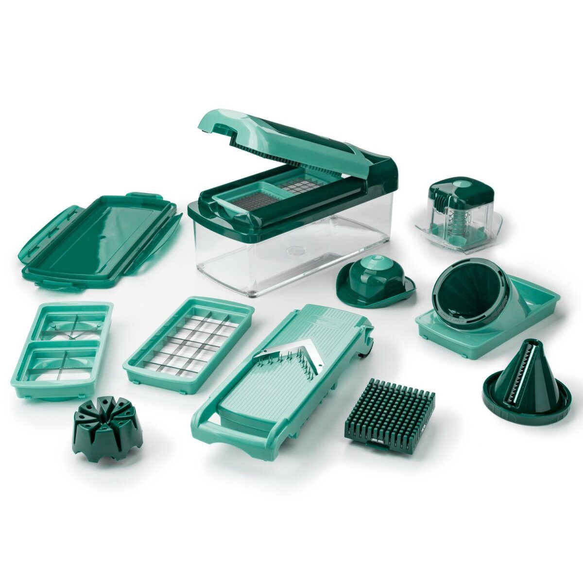 Genius Nicer Dicer Fusion Smart, 16 stuks, opvangbak van 1,25 liter, roestvrijstalen messen
