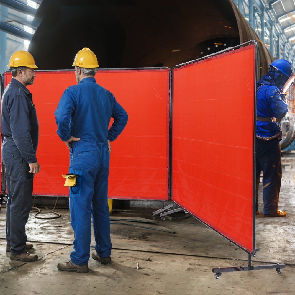 Lasparaplu met frame, 1,8 x 2,4 m, 3 panelen lasgordijnparaplu's, vlamvertragend vinyl Lasparaplu op 12 zwenkwielen (6 afsluitbaar), verplaatsbaar en professioneel voor werkplaats, Ro
