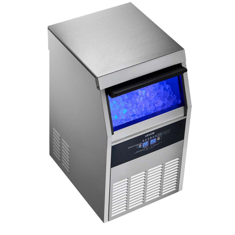 Machine à glaçons commerciale, machine à glaçons 59 kg/jour avec bac de stockage de glace de 14 kg, machine à glaçons autoportante en acier inoxydable avec affichage LED, autonettoyante, idéale pour la maison, bar, restaurant, café