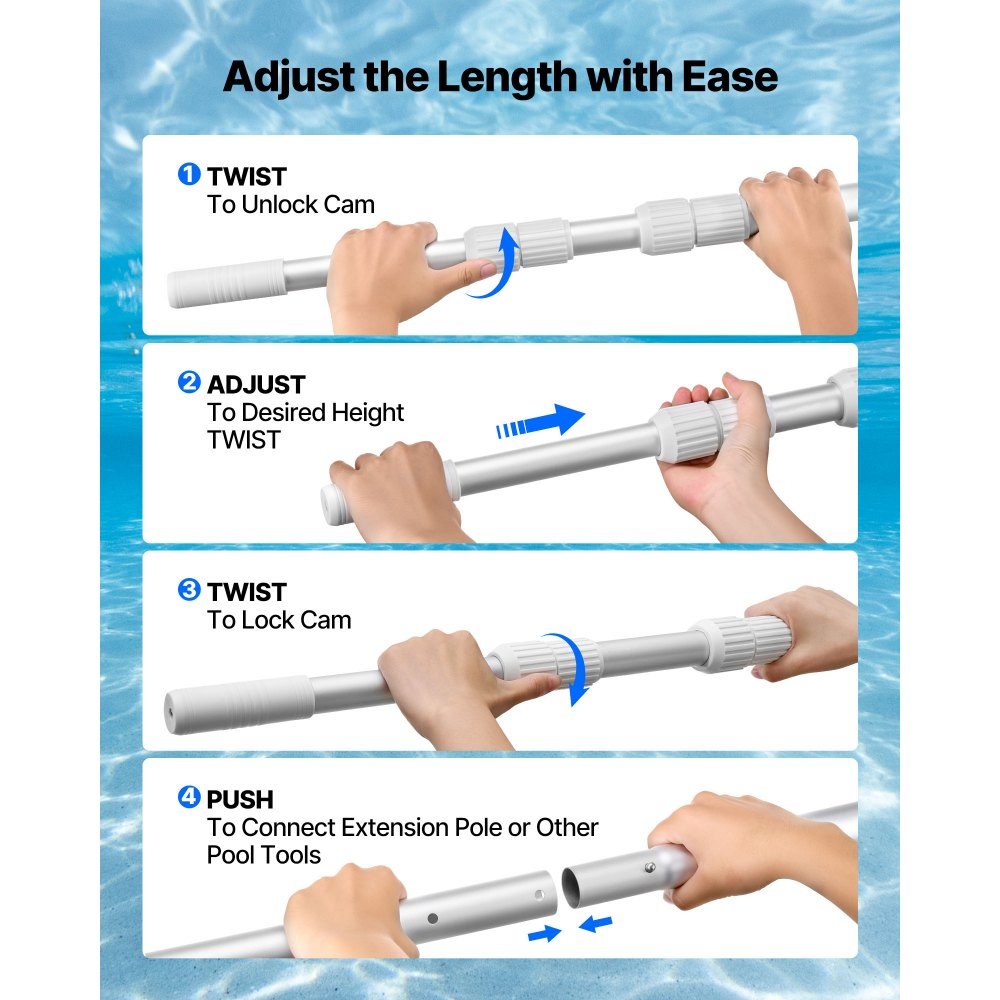 Pool Pole Swimming Pool Pole (1-4.6m), Telescopic Cleaning Poles for Swimming Pools, Professional Adjustable Telescopic Pole with 2 Extension Poles, Cleaning Rod for Brush, Suction Head