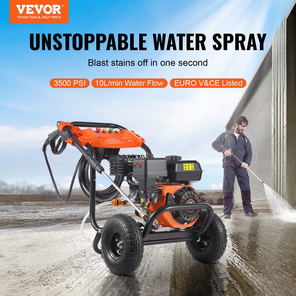 Benzin-Hochdruckreiniger, 3500 PSI 10 l/min, 2,6 GPM Terrassenreiniger mit Aluminiumpumpe, Druckpistole und Verlängerungsstab, 5-Düsen-Set, für Autos, Zäune, Häuser, Einfahrten, Terrassen