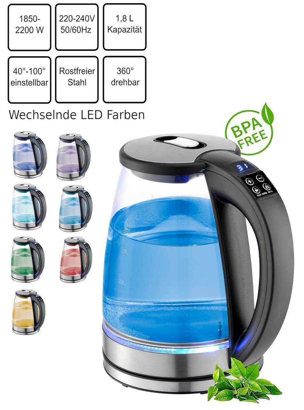 Glazen waterkoker van RVS met temperatuurkeuze en 2.200 watt LED-verlichting