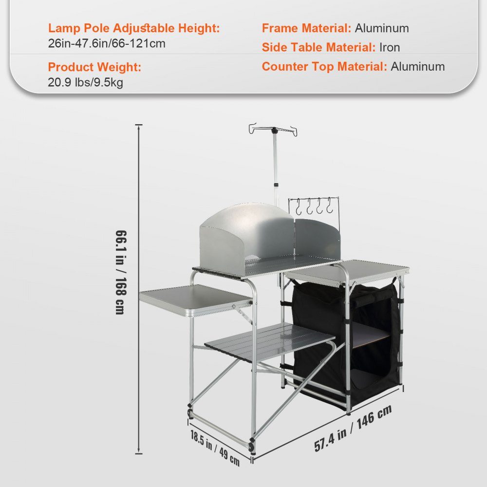 Cuisine de camping d'extérieur pliable 78 x 49 x 13 cm, armoire de camping en aluminium, cuisine de camping avec protection contre le vent, meubles de camping, cuisine de voyage incl. crochets et poteau de lampe 66-121 cm, placard de cuisine, table de cam