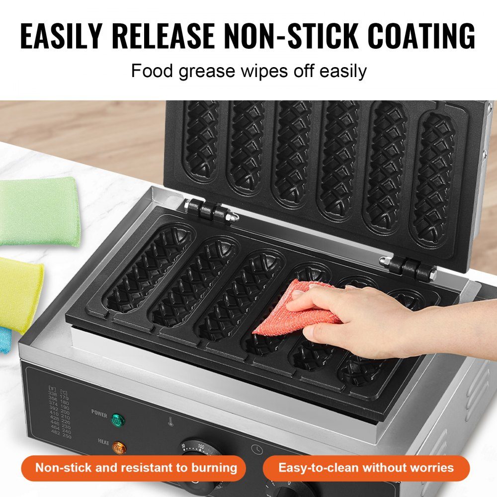 Commercial Waffle Iron Waffle Maker 6pcs 1500W Non-Stick Stainless Steel Corn Hot Dog Waffle Maker with Temperature and Time Control for Restaurant Bakery Snack Bar Family