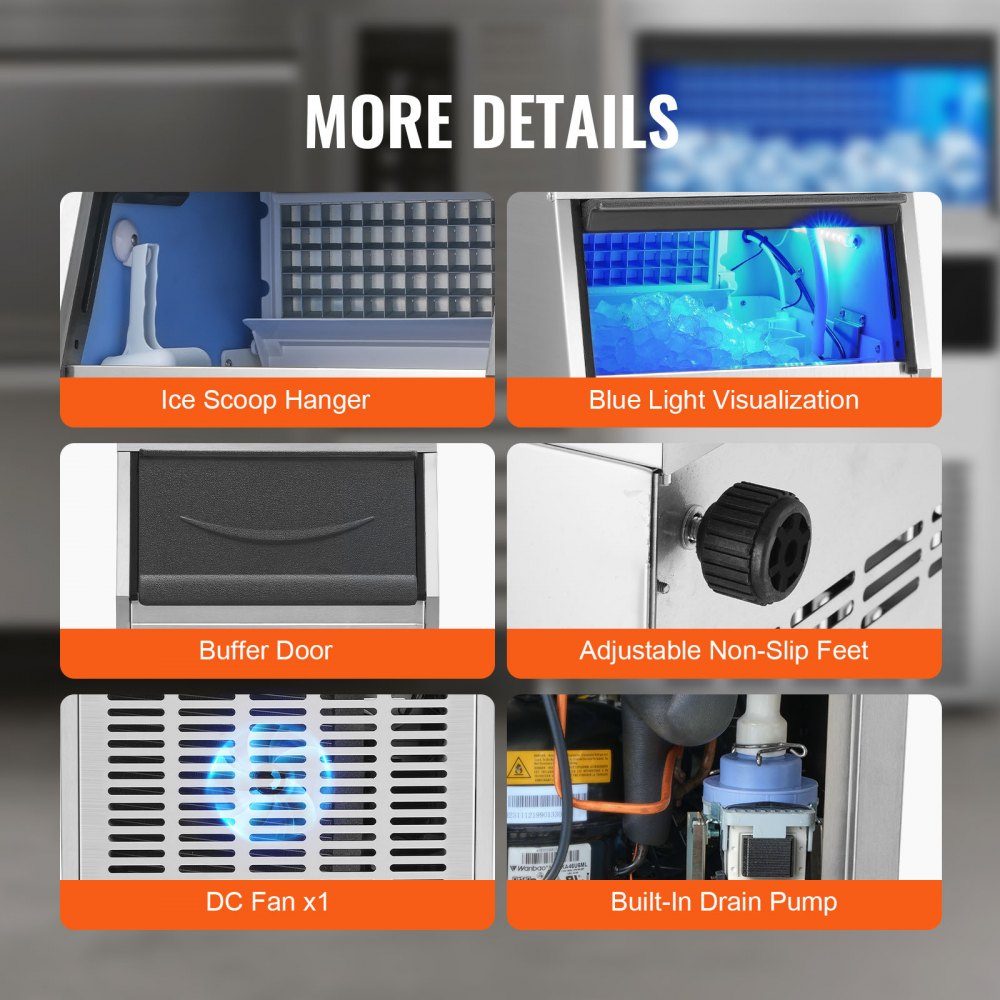 Commercial ice cube maker ice machine 47 kg / 24 h, lightweight cube ice machine 15 kg ice storage capacity 50 ice cubes, ice cube maker made of stainless steel including water filter & ice cream scoop