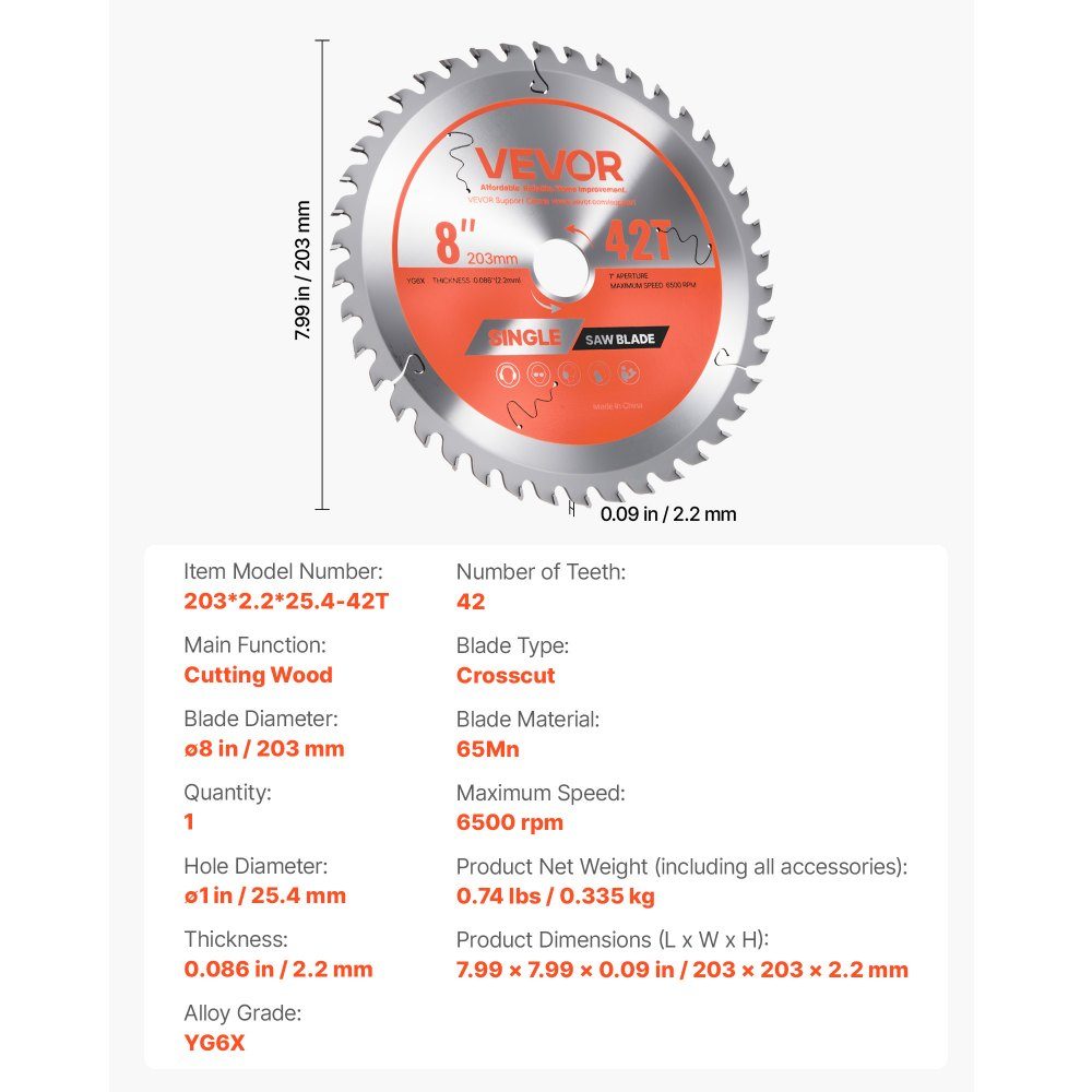Circular saw blade (203mm diameter, 42 sharp teeth and 2.2mm thickness), ideal for plywood, OSB hardwood, compatible with circular saws, alloy saw blade with noise reducing heat dissipation
