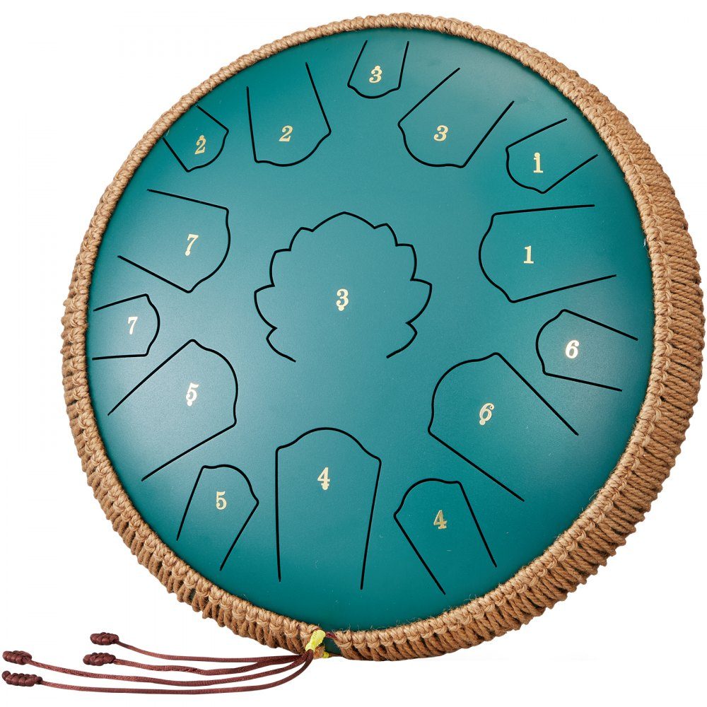 Zungentrommel 356 mm, Stahlzungentrommel 15 Noten, Regentrommel, C-Dur-Tonart, Regenglockenspiel mit 2 Schlägeln und Tragetasche, Handpan-Trommel, Schlaginstrument für Musikunterricht und Yoga, Grün
