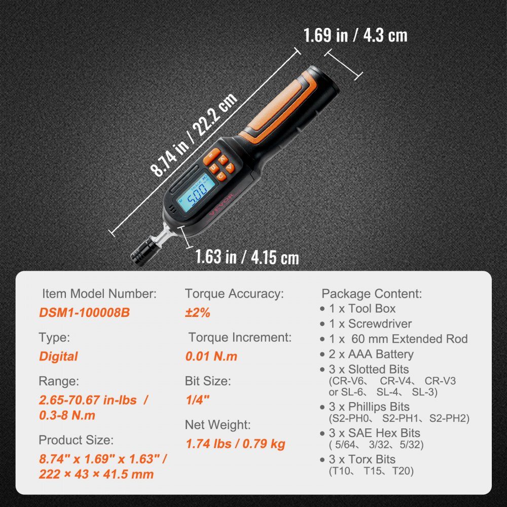 Tournevis dynamométrique numérique 1/4" avec incréments de 0,01 Nm