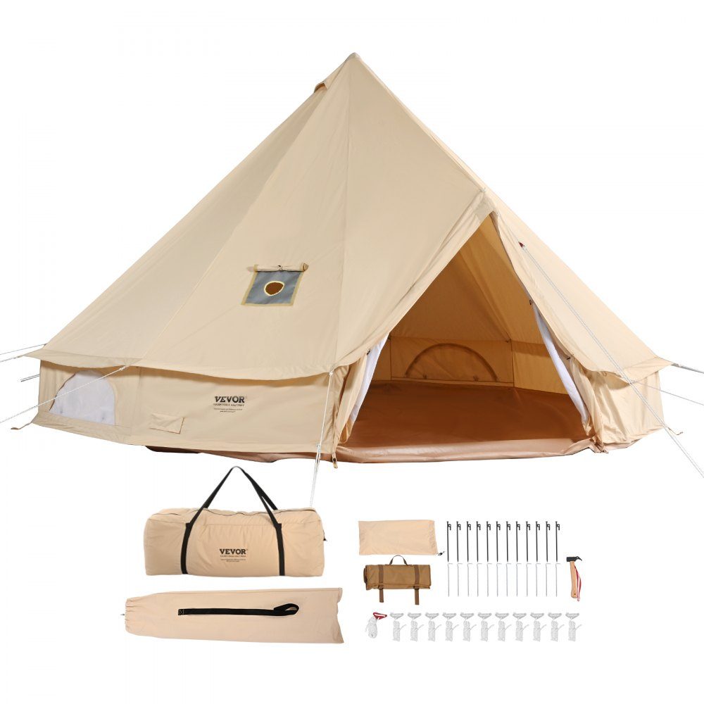 Tente cloche 4x2,5 m Tente de yourte TC coton et poteaux en fer robustes avec tapis de sol en PVC Tente de camping Tente familiale pour 6 personnes Tente de groupe à 8 fenêtres pour les aventures en plein air