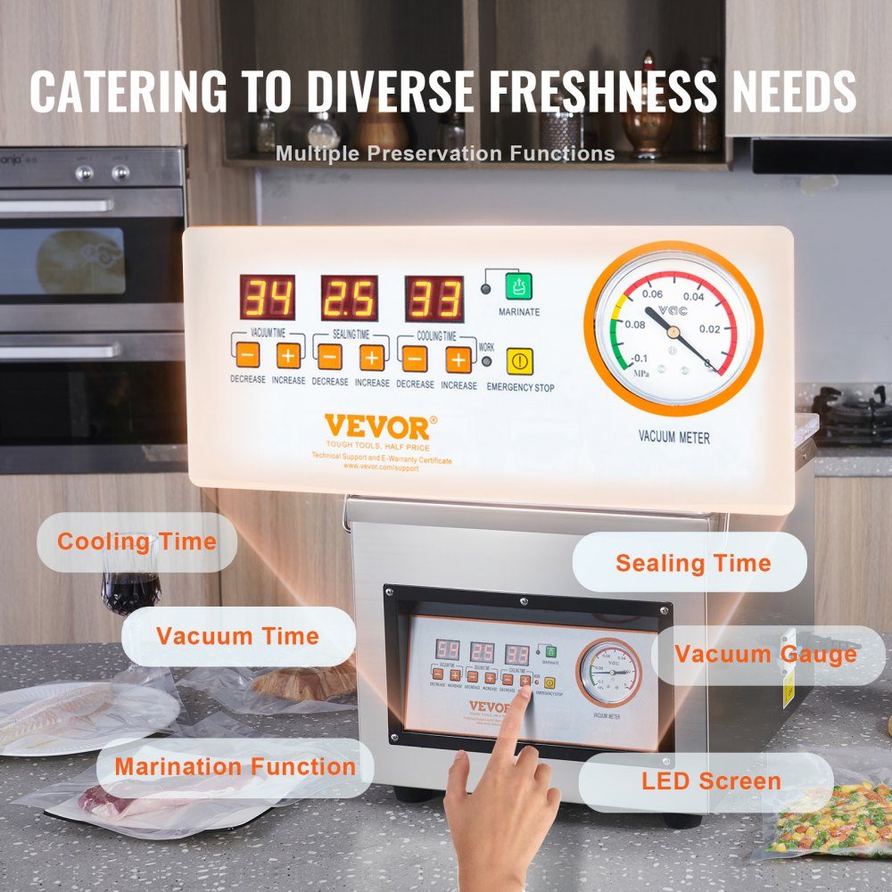 Machine sous vide à chambre Machine sous vide de 320 W pour aliments humides, marinades de viande, etc. Taille compacte avec une longueur de soudure de 32 cm Peut être utilisée dans les cuisines privées et les zones commerciales