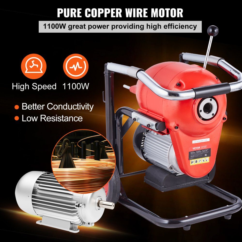 Pipe Cleaning Machine 120ft x 6/5in, 1100W Manual Feed Electric Pipe Cleaning Machine - with 6 Cutters and CW/CCW Control for 4" to 8" Pipes