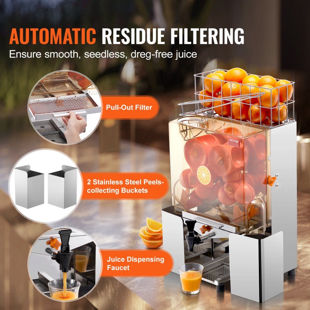 Kommerzielle Orangenpresse, halbautomatische 120-W-Entsafter, Edelstahl-Orangenpresse für 20 Orangen pro Minute, mit Wasserhahn und PC-Abdeckung, kommerzielle Zitruspresse, elektrische Zitruspresse