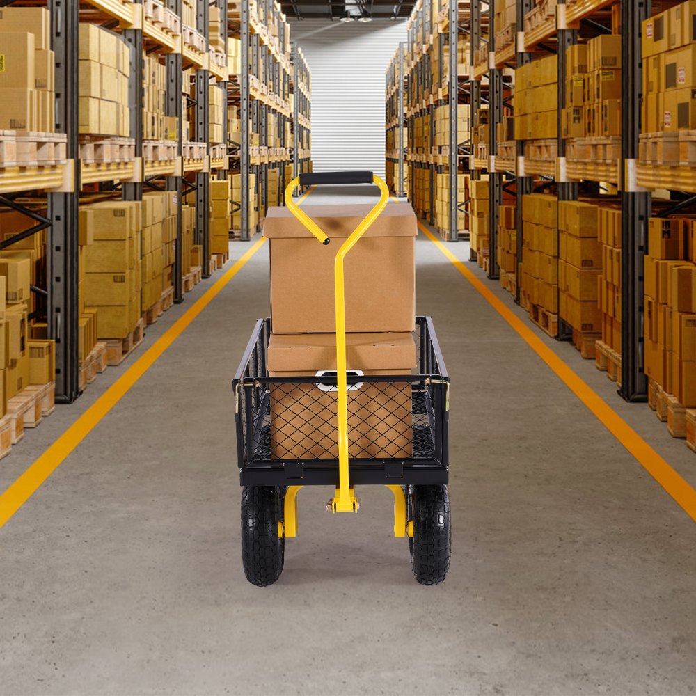 Handwagen 226,80 kg, transportwagen, tuinwagen, materiaalwagen, steekwagen met grote offroad-banden, afneembare zijpanelen van gaasmateriaal en 180° draaibare handgreep, geel/zwart Handwagen 226,80 kg, transportwagen, tuinwagen, materiaalwagen, steekwagen met grote offroad-banden, afneembare zijpanelen van gaasmateriaal en 180° draaibare handgreep, geel/zwart