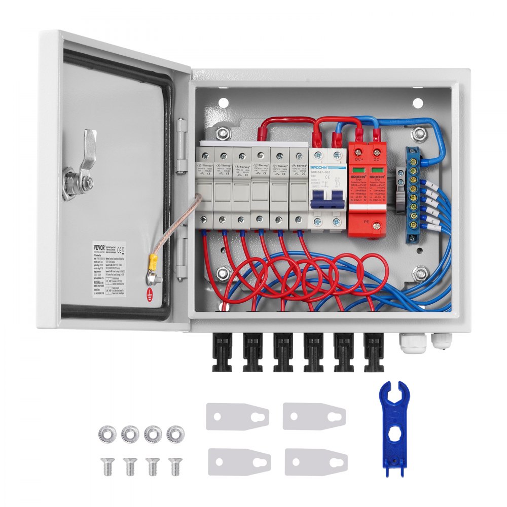 PV-combineerbox, 6 strings, zonne-combineerbox met 10A nominale stroomzekering, 63A stroomonderbreker, bliksemafleider en zonne-connector, stalen behuizing voor on/off grid zonnepaneelsysteem, IP65
