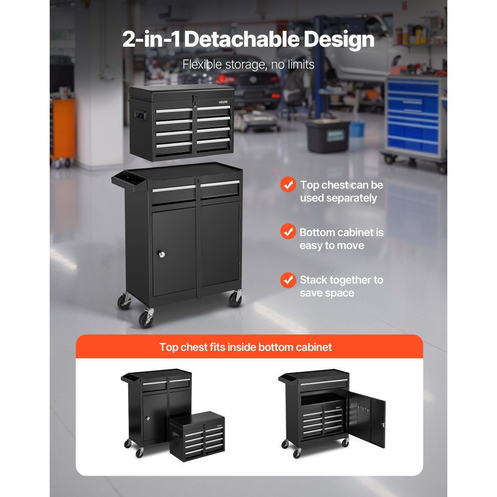 Werkplaatswagen, 2-in-1 design gereedschapswagen met 5 laden en uitneembare metalen gereedschapskist, sluitstang, beschermende voering en gereedschapsrek, garage-organizer voor magazijn, werkplaats Werkplaatswagen, 2-in-1 design gereedschapswagen met 5 laden en uitneembare metalen gereedschapskist, sluitstang, beschermende voering en gereedschapsrek, garage-organizer voor magazijn, werkplaats