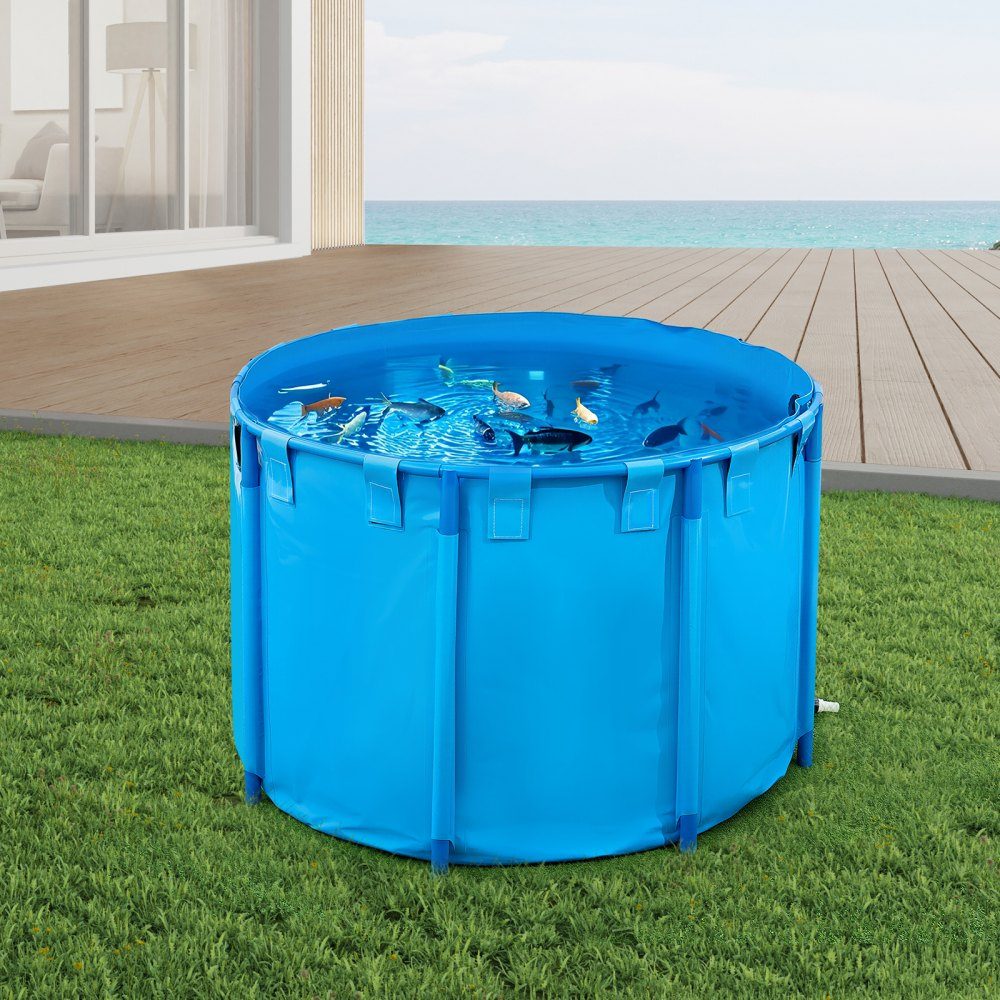 Étang à poissons en PVC d'une capacité de 1 700 L pliable pour aquarium rond avec cadre robuste et valve de vidange pour l'élevage de poissons rouges Koi (bleu)