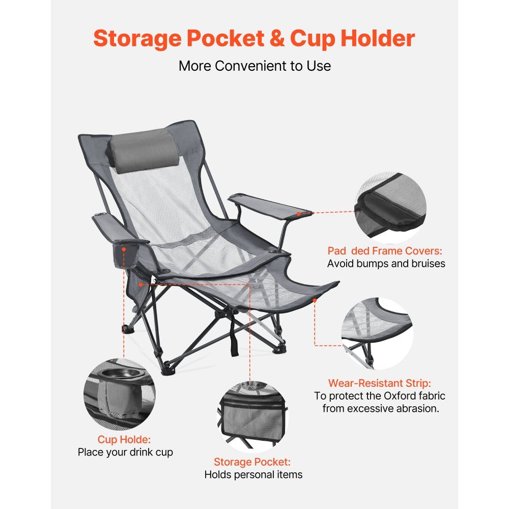 Folding Camping Chair, Deck Chair with 4 Adjustable Positions, Relaxation Chair Lounger with Cup Holder, Mesh Beach Chair with Headrest & Footrest, Load Capacity 100kg, for Outdoor Camping, Gray