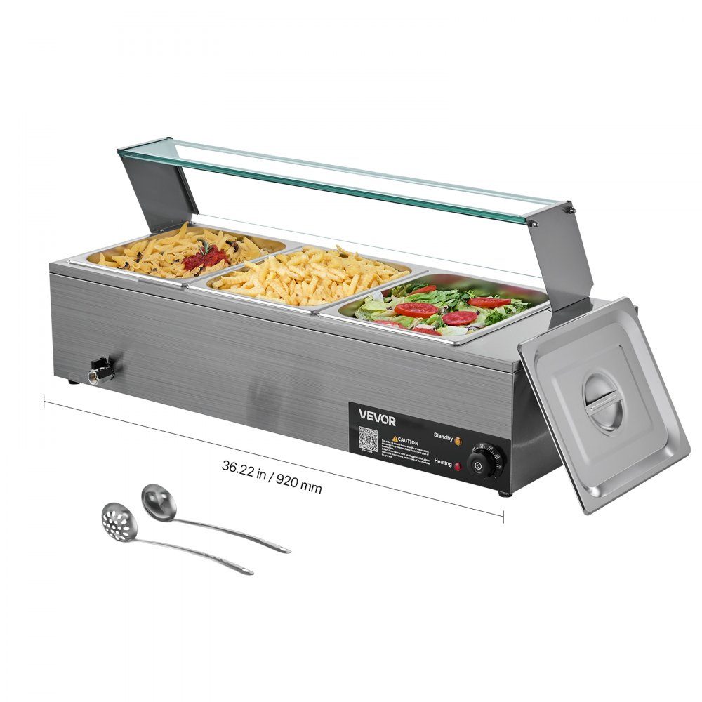 Commercial Food Warmer (3 Size 1/2 Containers), 1.5KW Stainless Steel Electric Warming Container with Glass Cover and Soup Ladle, Chafing Dishes for Catering Restaurant Parties