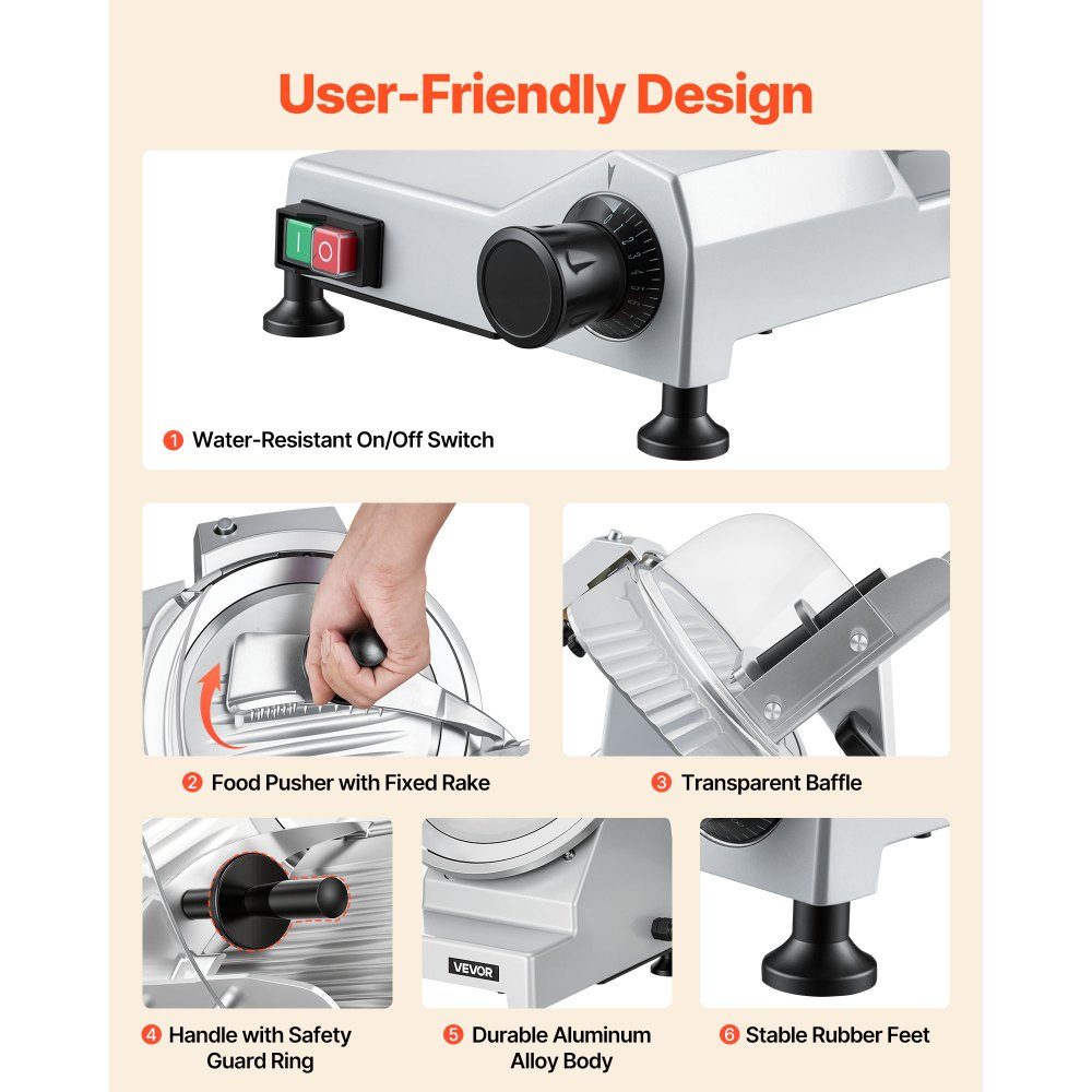 Trancheuse électrique multi-usages lame 250 mm, trancheuse multi-usages 240 W avec affûteur intégré et épaisseur de coupe réglable de 0 à 12 mm, pour jambon de viande surgelé